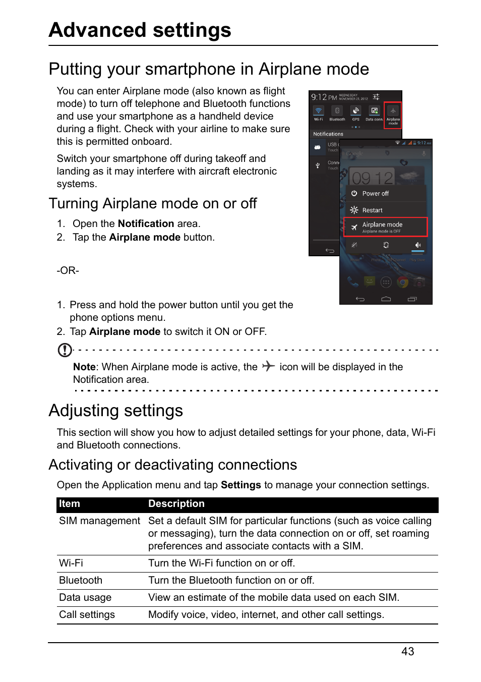Advanced settings, Putting your smartphone in airplane mode, Turning airplane mode on or off | Adjusting settings, Activating or deactivating connections | Acer V360 User Manual | Page 43 / 71