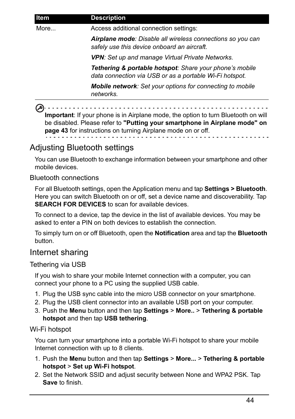 Adjusting bluetooth settings, Internet sharing | Acer V360 User Manual | Page 44 / 71