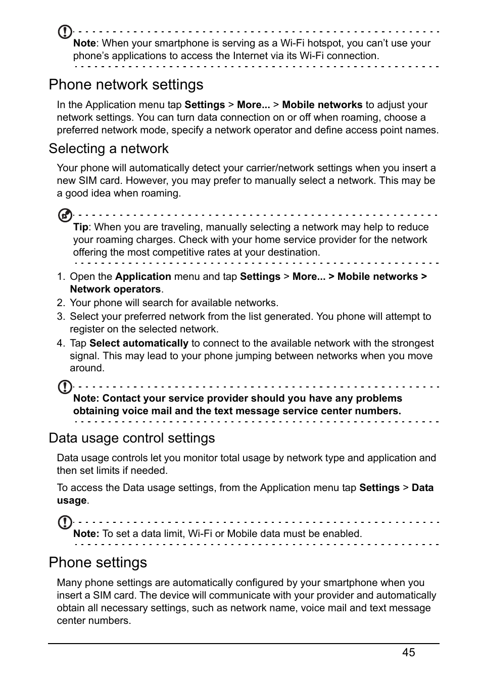 Phone network settings, Phone settings, Selecting a network | Data usage control settings | Acer V360 User Manual | Page 45 / 71