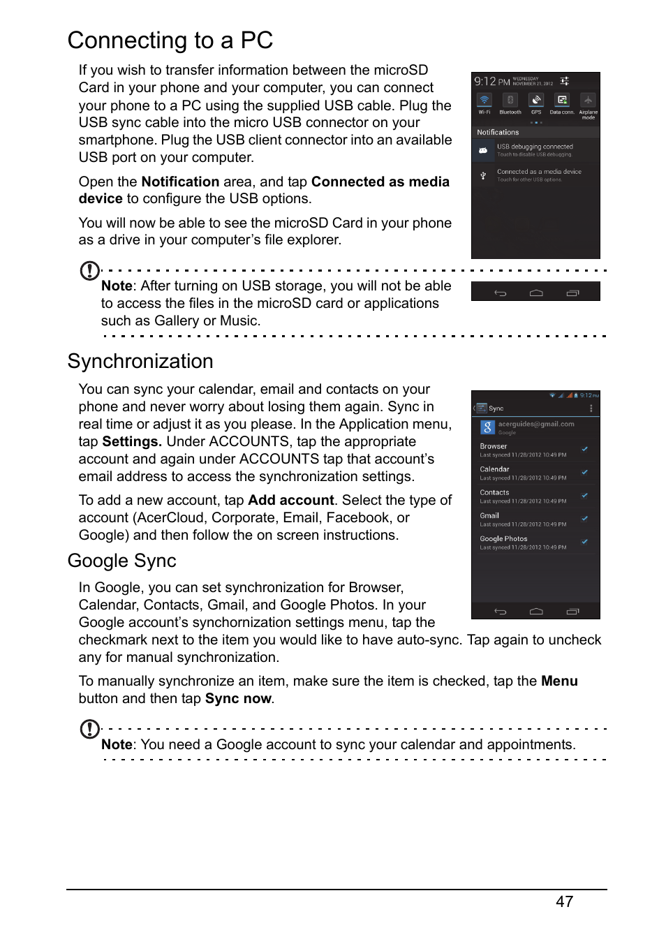 Connecting to a pc, Synchronization | Acer V360 User Manual | Page 47 / 71