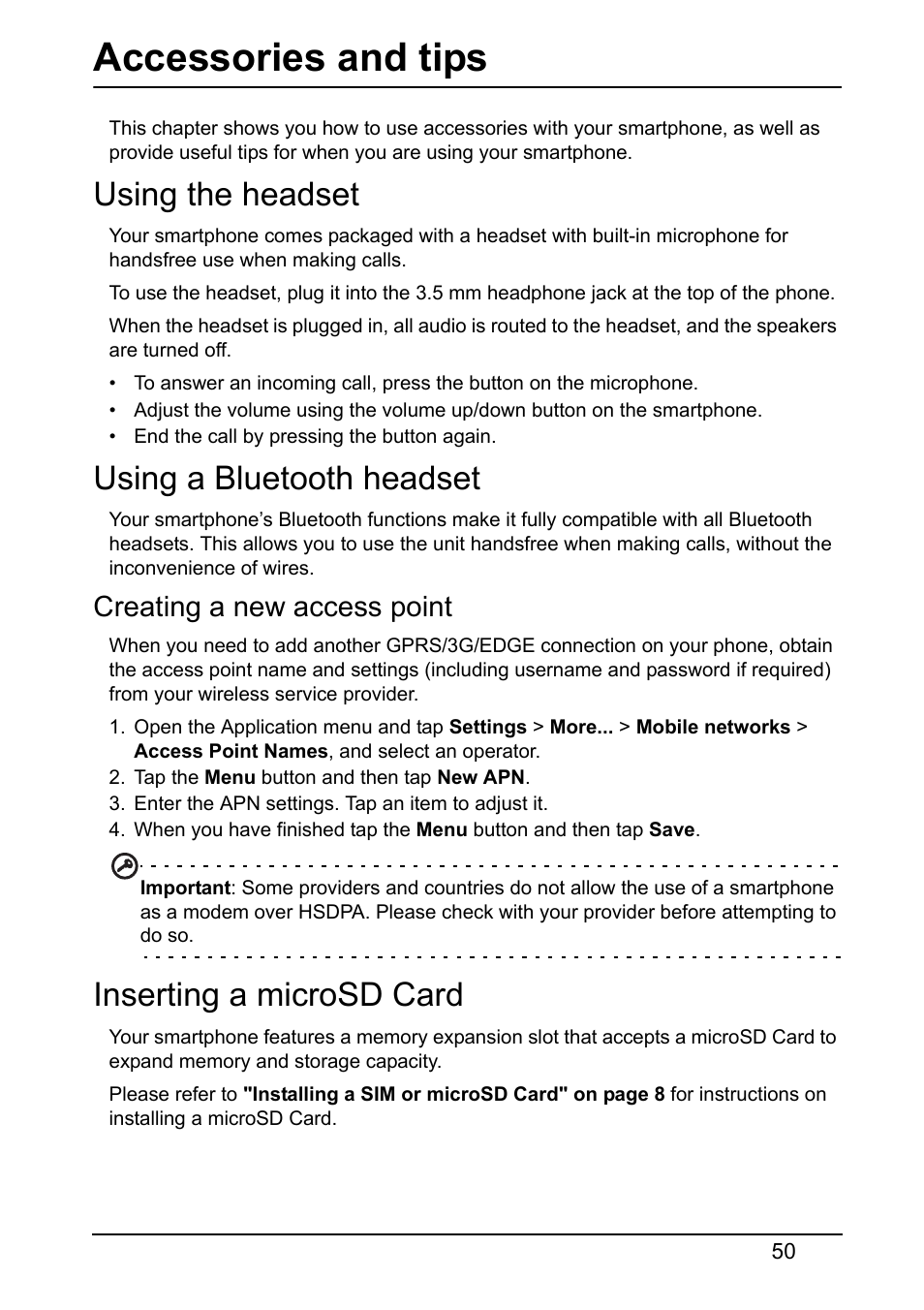 Accessories and tips, Using the headset, Using a bluetooth headset | Creating a new access point, Inserting a microsd card | Acer V360 User Manual | Page 50 / 71