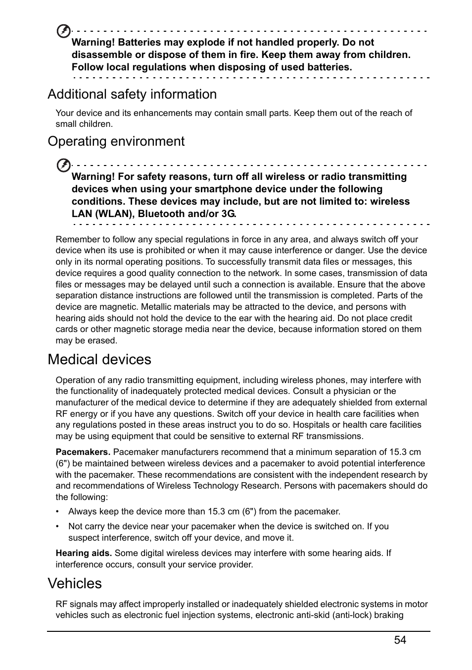 Medical devices, Vehicles, Additional safety information | Operating environment | Acer V360 User Manual | Page 54 / 71