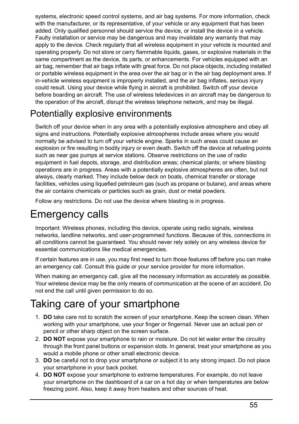 Potentially explosive environments, Emergency calls, Taking care of your smartphone | Emergency calls taking care of your smartphone | Acer V360 User Manual | Page 55 / 71