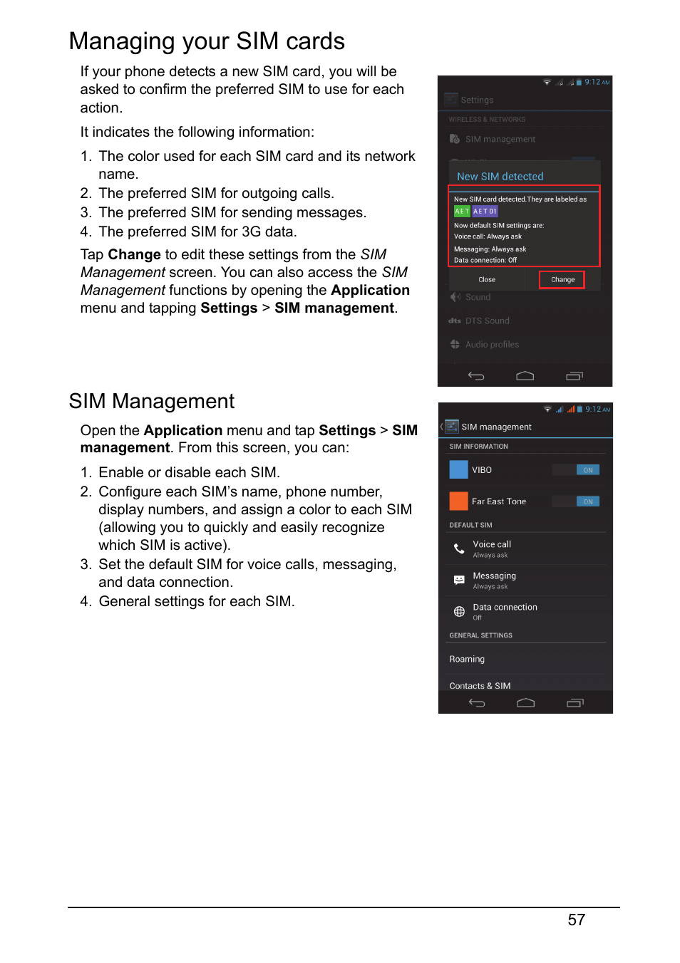 Managing your sim cards, Sim management | Acer V360 User Manual | Page 57 / 71