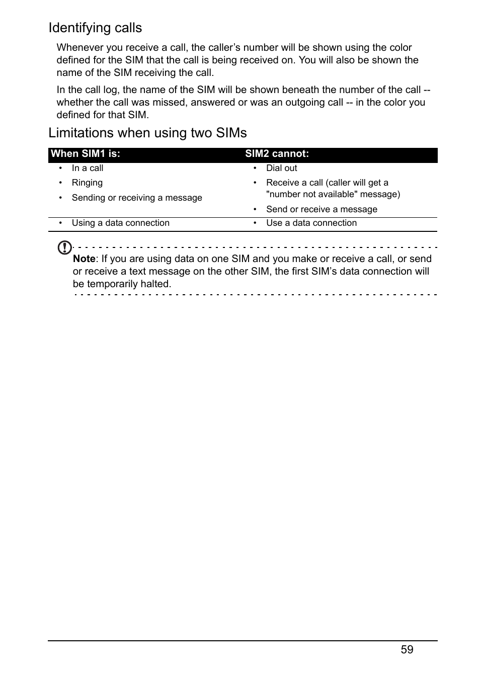 Identifying calls, Limitations when using two sims | Acer V360 User Manual | Page 59 / 71