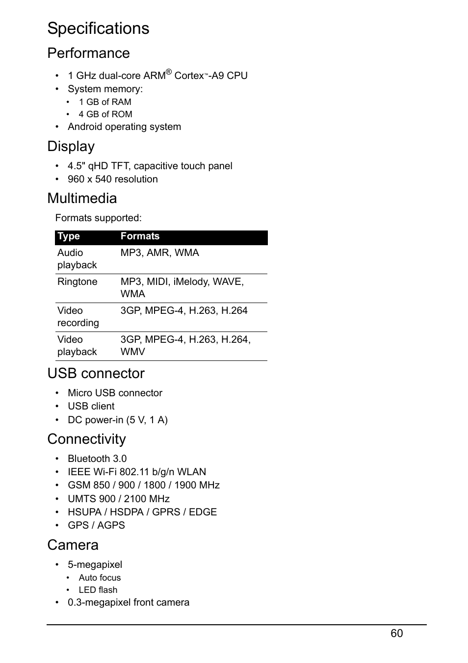 Specifications, Performance, Display | Multimedia, Usb connector, Connectivity, Camera | Acer V360 User Manual | Page 60 / 71