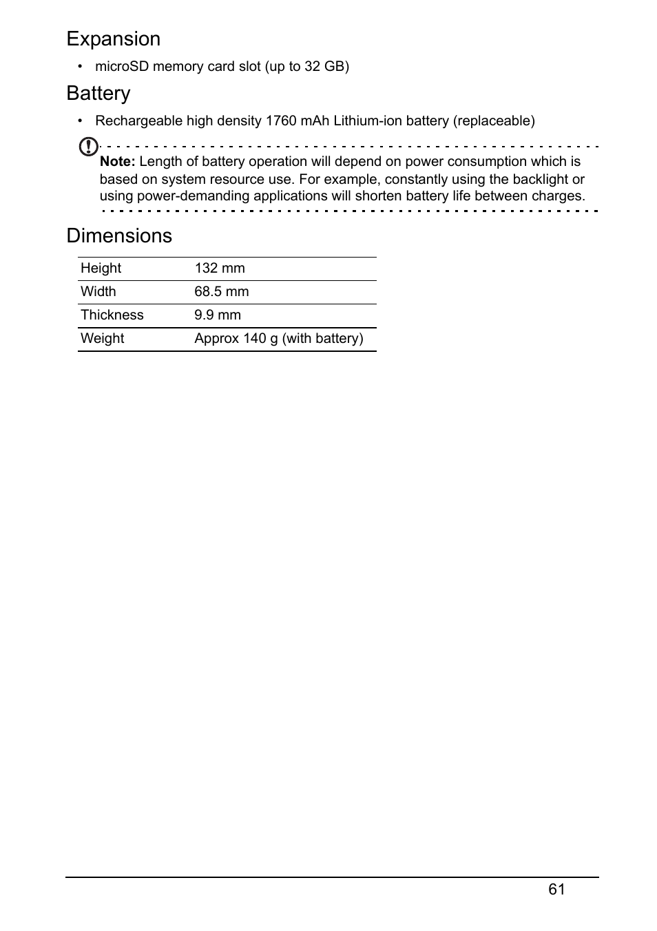 Expansion, Battery, Dimensions | Acer V360 User Manual | Page 61 / 71