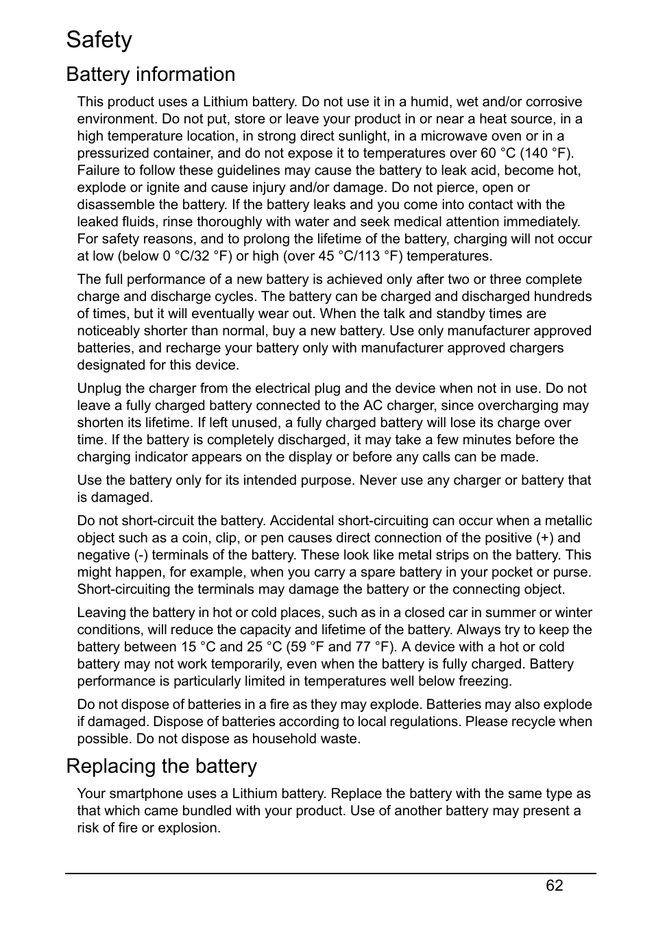 Safety, Battery information, Replacing the battery | Acer V360 User Manual | Page 62 / 71