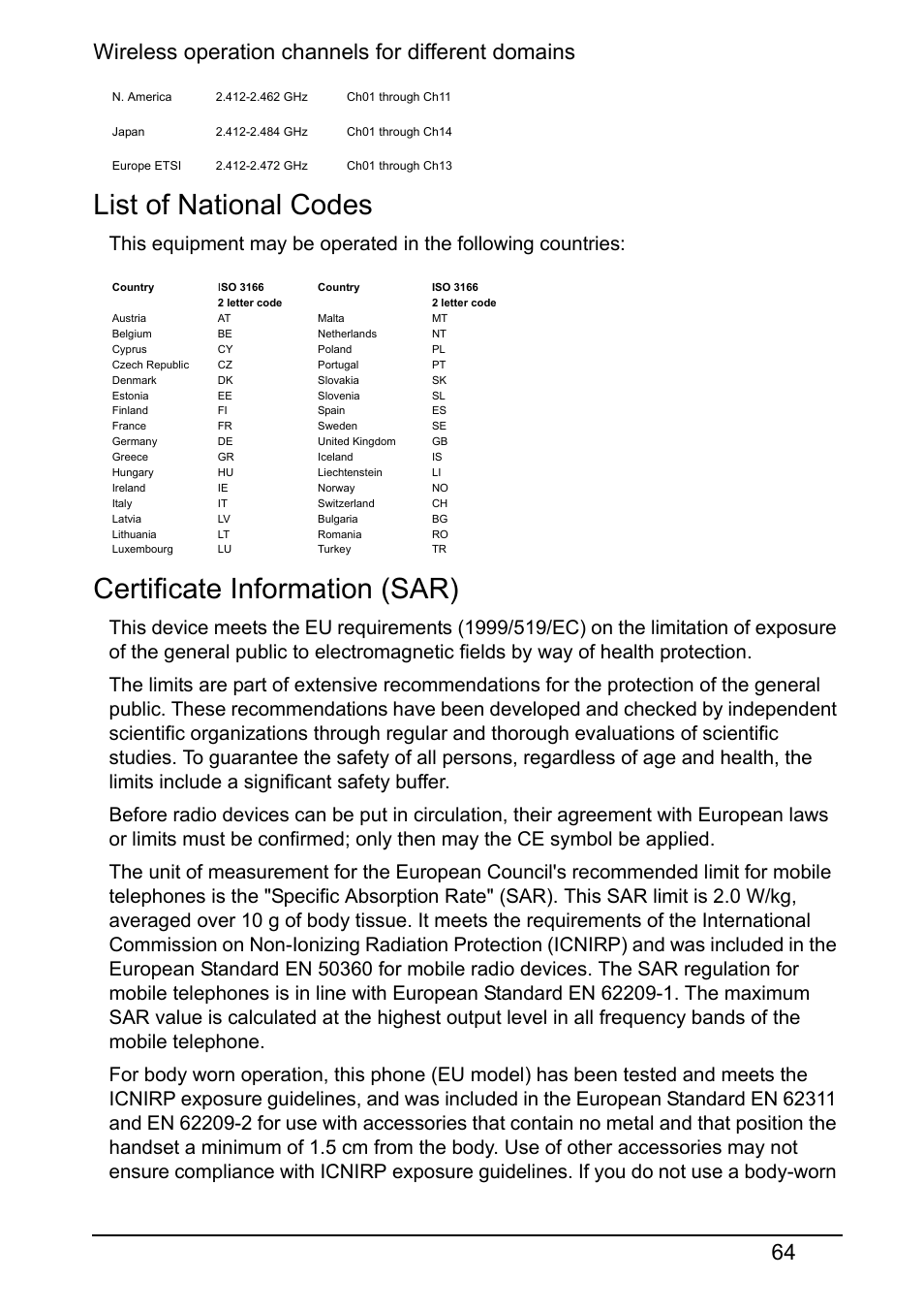 List of national codes, Certificate information (sar) | Acer V360 User Manual | Page 64 / 71