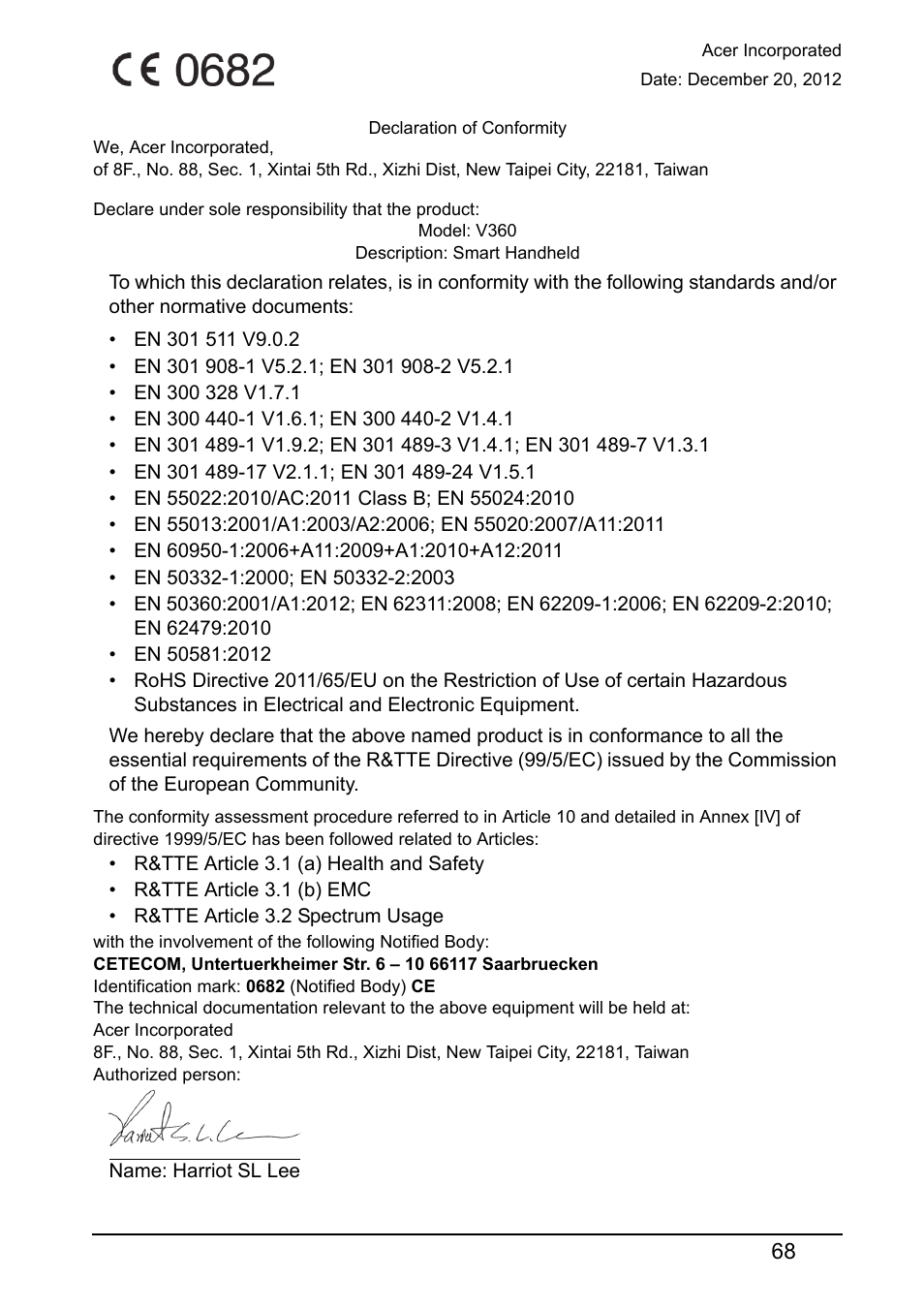 Declaration of conformity | Acer V360 User Manual | Page 68 / 71