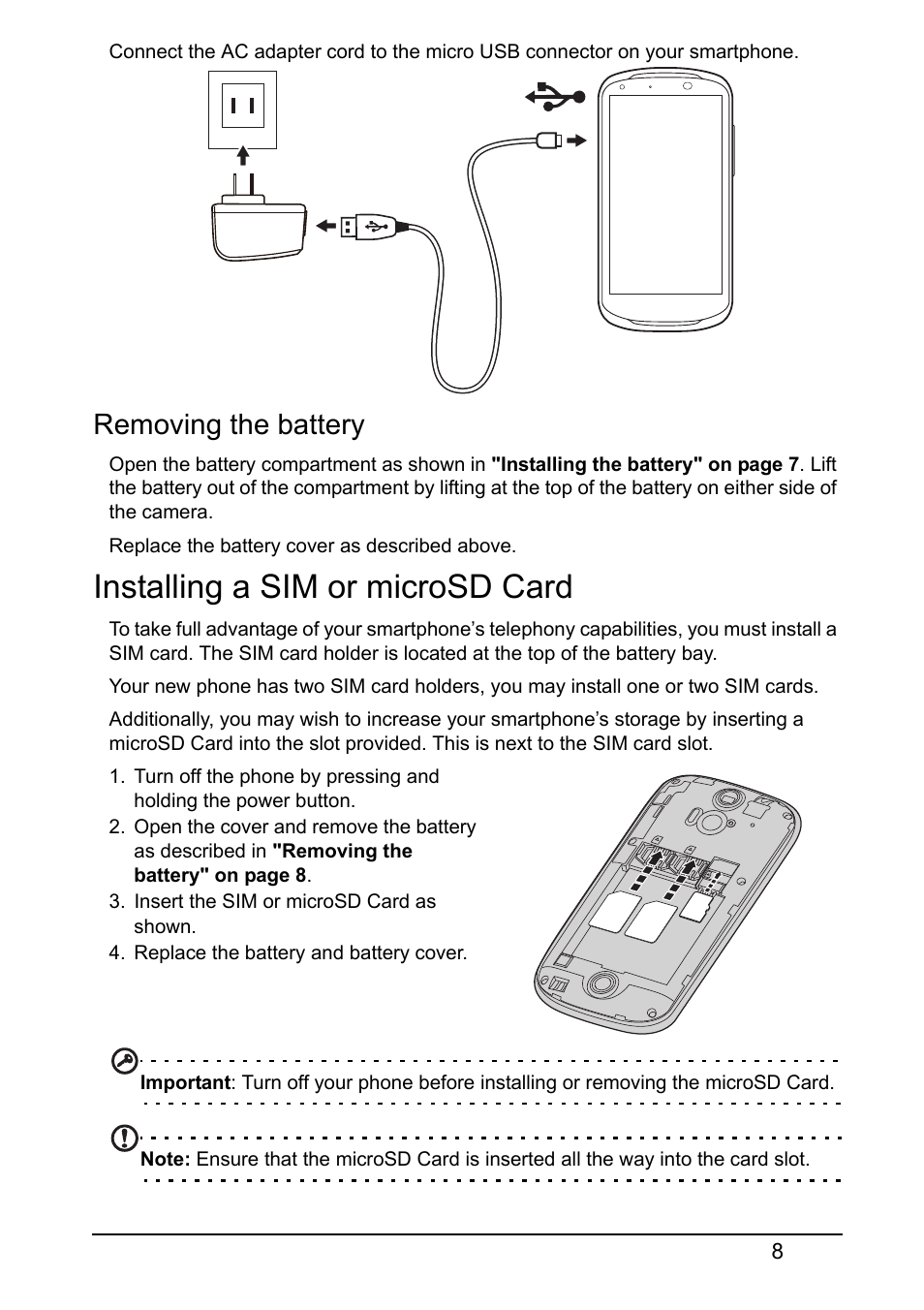Removing the battery, Installing a sim or microsd card | Acer V360 User Manual | Page 8 / 71