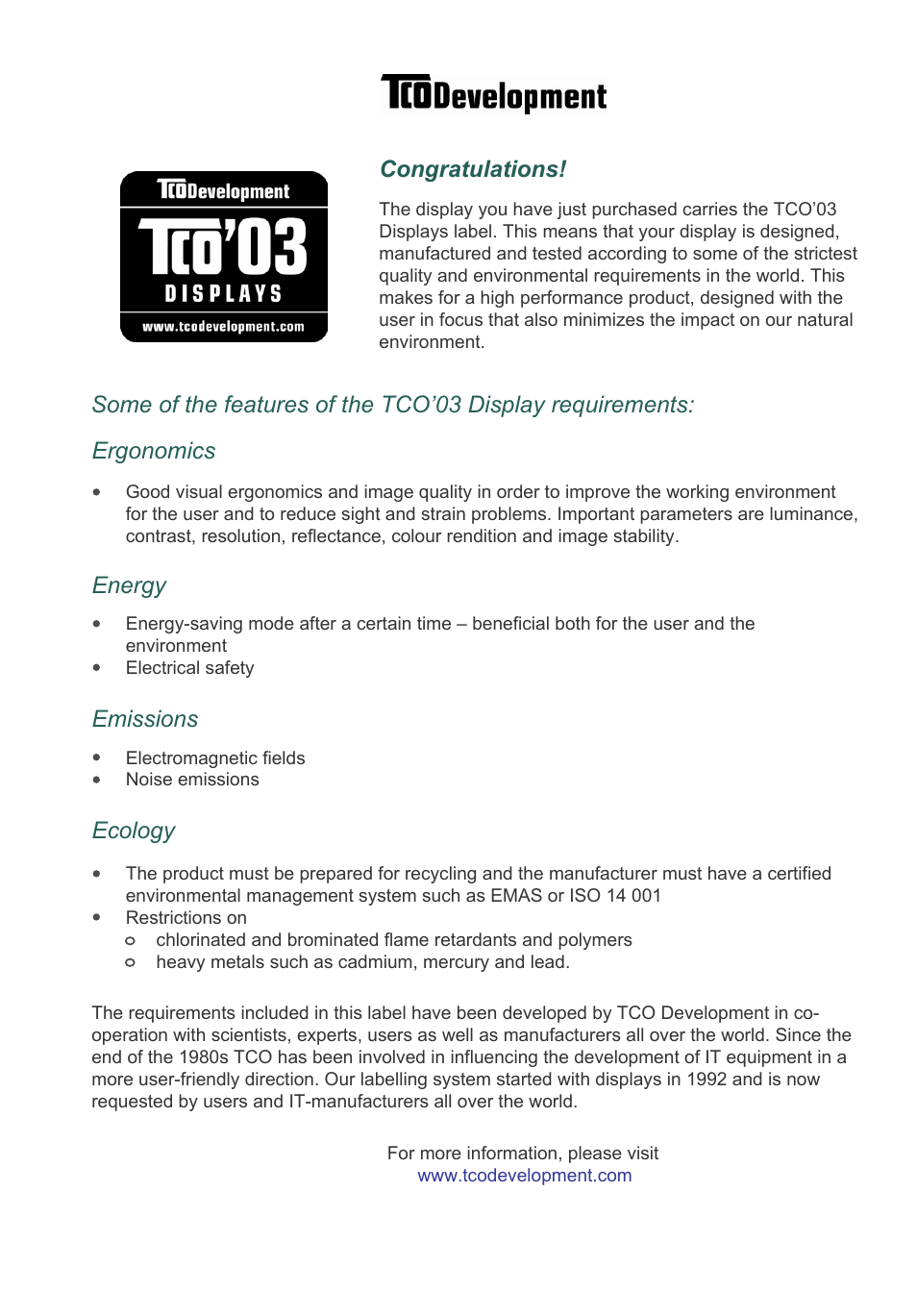 Emissions, Ergonomics energy, Ecology | Acer V243H User Manual | Page 10 / 29