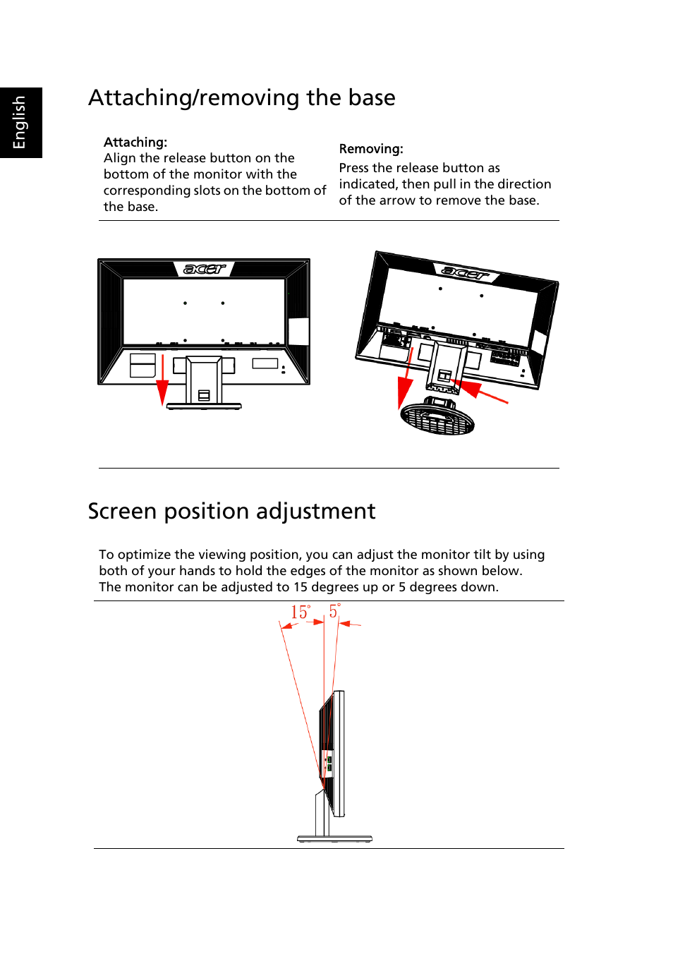 Attaching/removing the base, Screen position adjustment | Acer V243H User Manual | Page 17 / 29