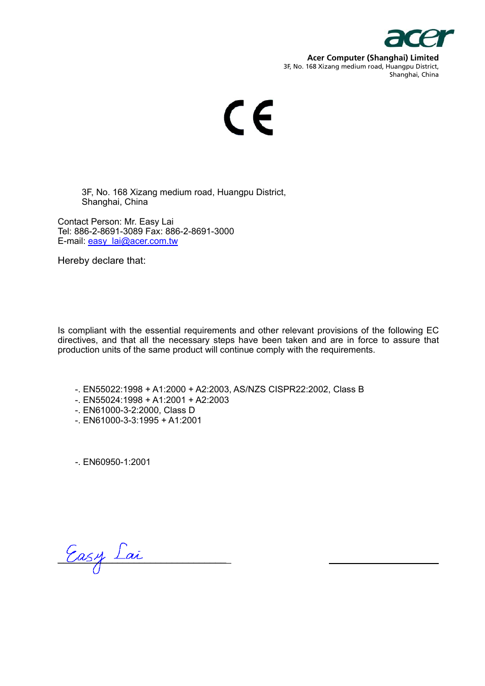 Declaration of conformity | Acer X233H User Manual | Page 22 / 23