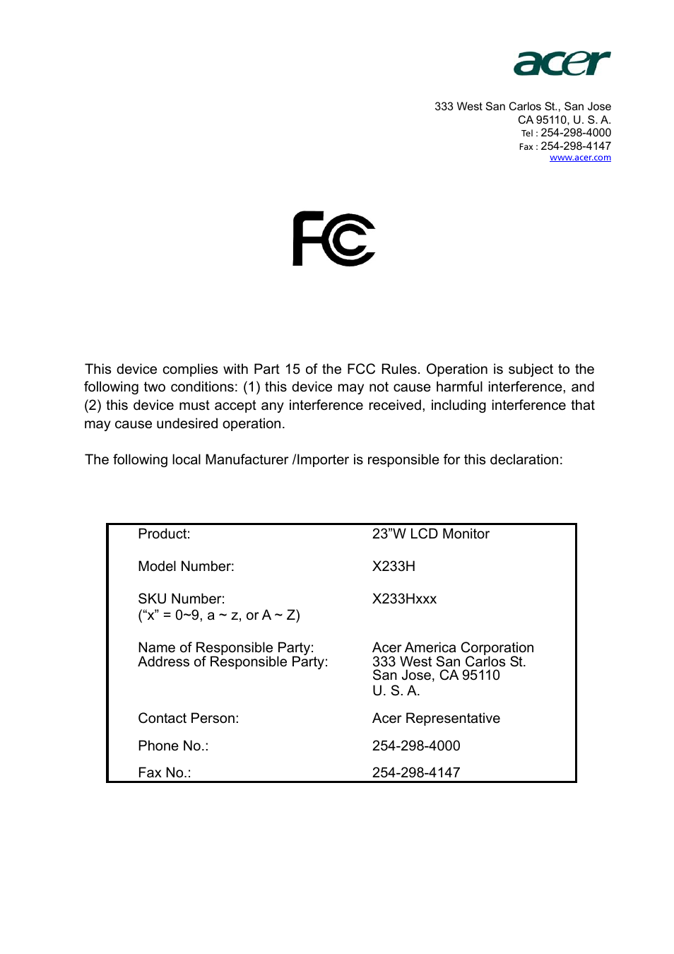 Acer X233H User Manual | Page 23 / 23