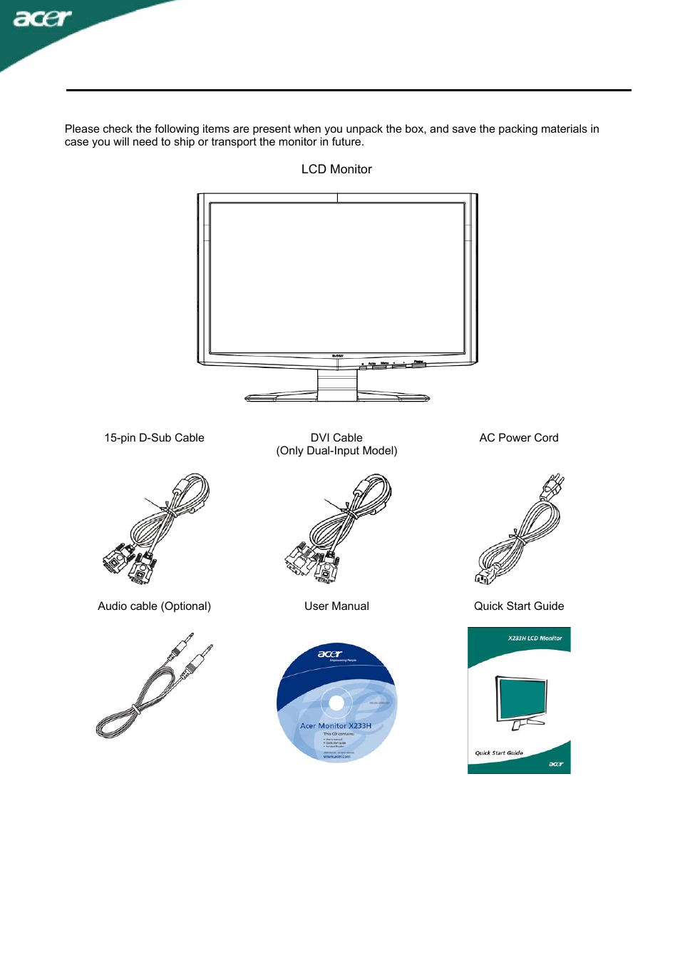 Unpacking, X233h | Acer X233H User Manual | Page 6 / 23