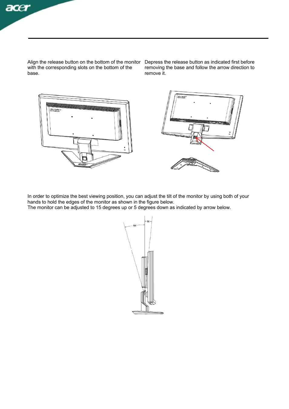 Attaching / removing the base, Screen position adjustment | Acer X233H User Manual | Page 7 / 23