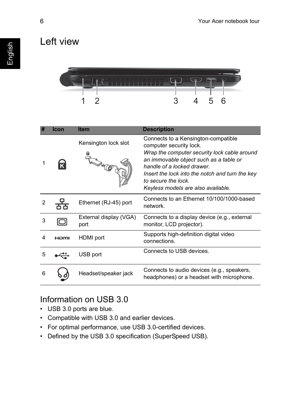 Left view, Information on usb 3.0 | Acer Aspire E1-470G User Manual | Page 6 / 9