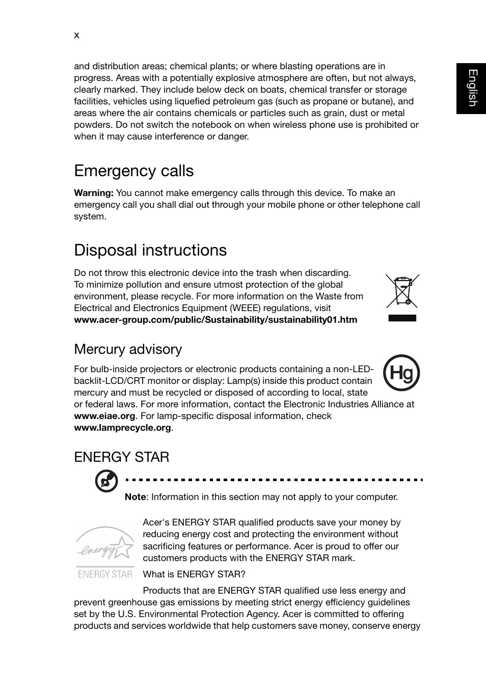 Emergency calls, Disposal instructions, Mercury advisory | Energy star | Acer TravelMate P245-MG User Manual | Page 10 / 87