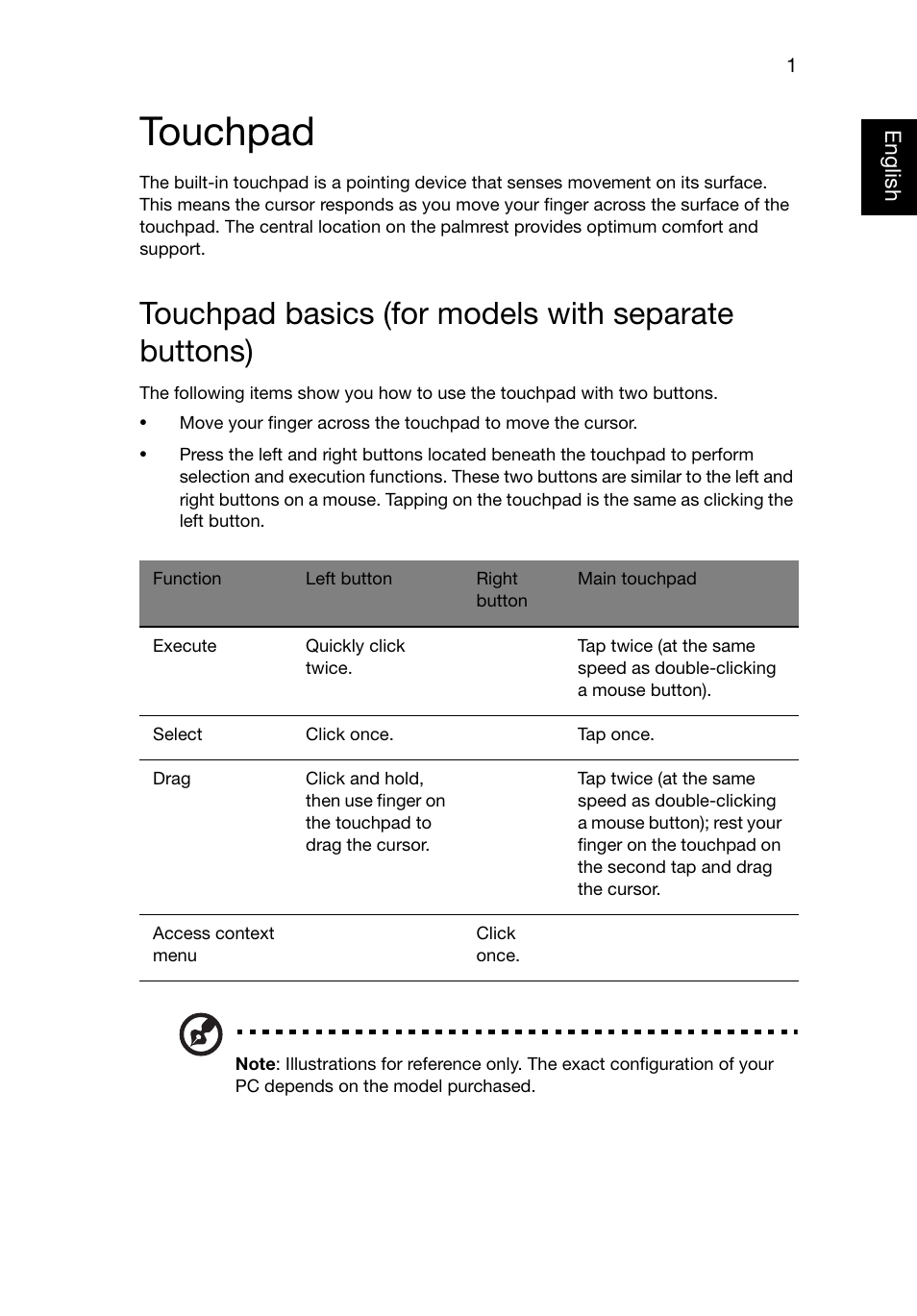 Touchpad, Touchpad basics (for models with separate buttons) | Acer TravelMate P245-MG User Manual | Page 20 / 87