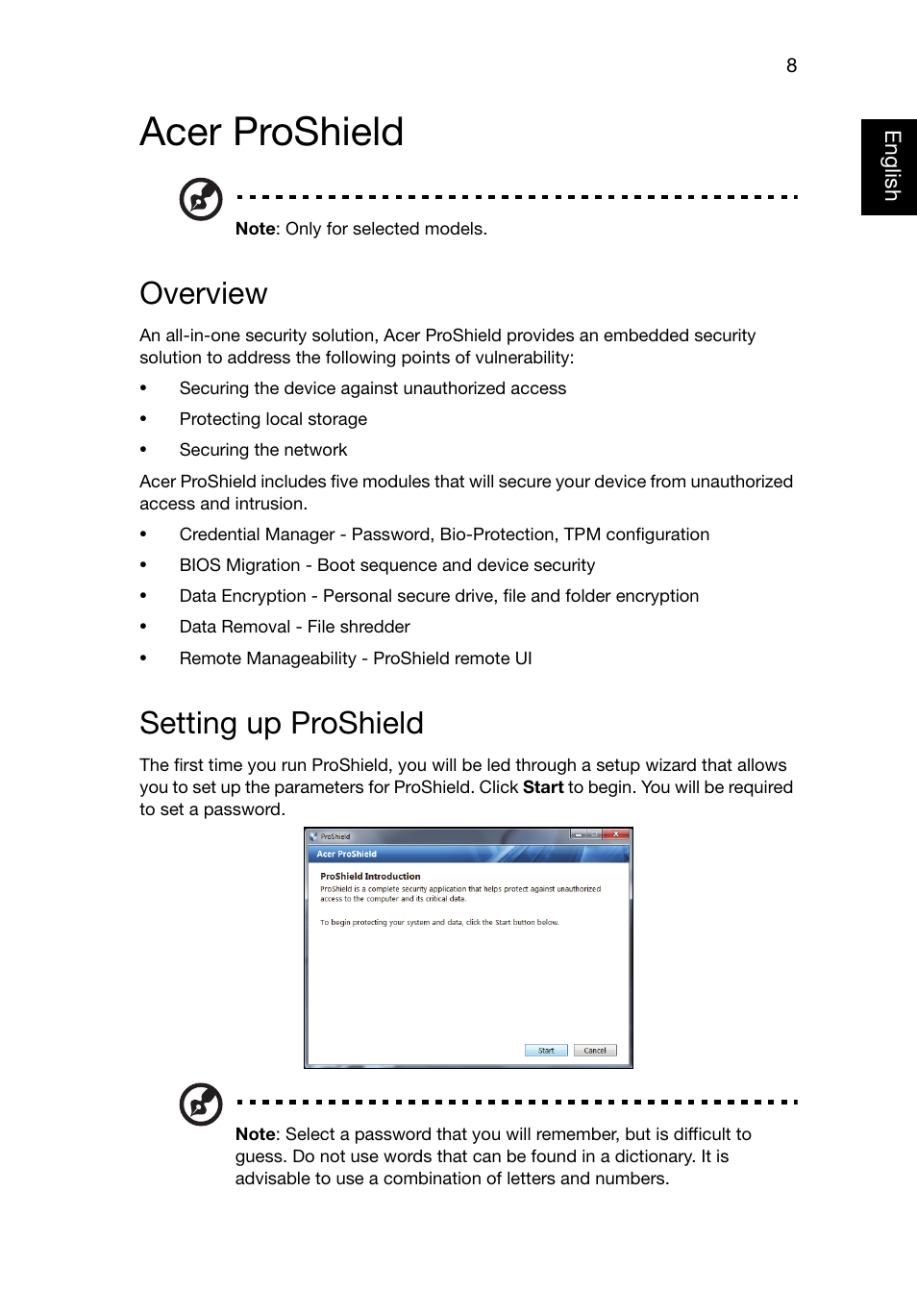 Acer proshield, Overview, Setting up proshield | Acer TravelMate P245-MG User Manual | Page 27 / 87