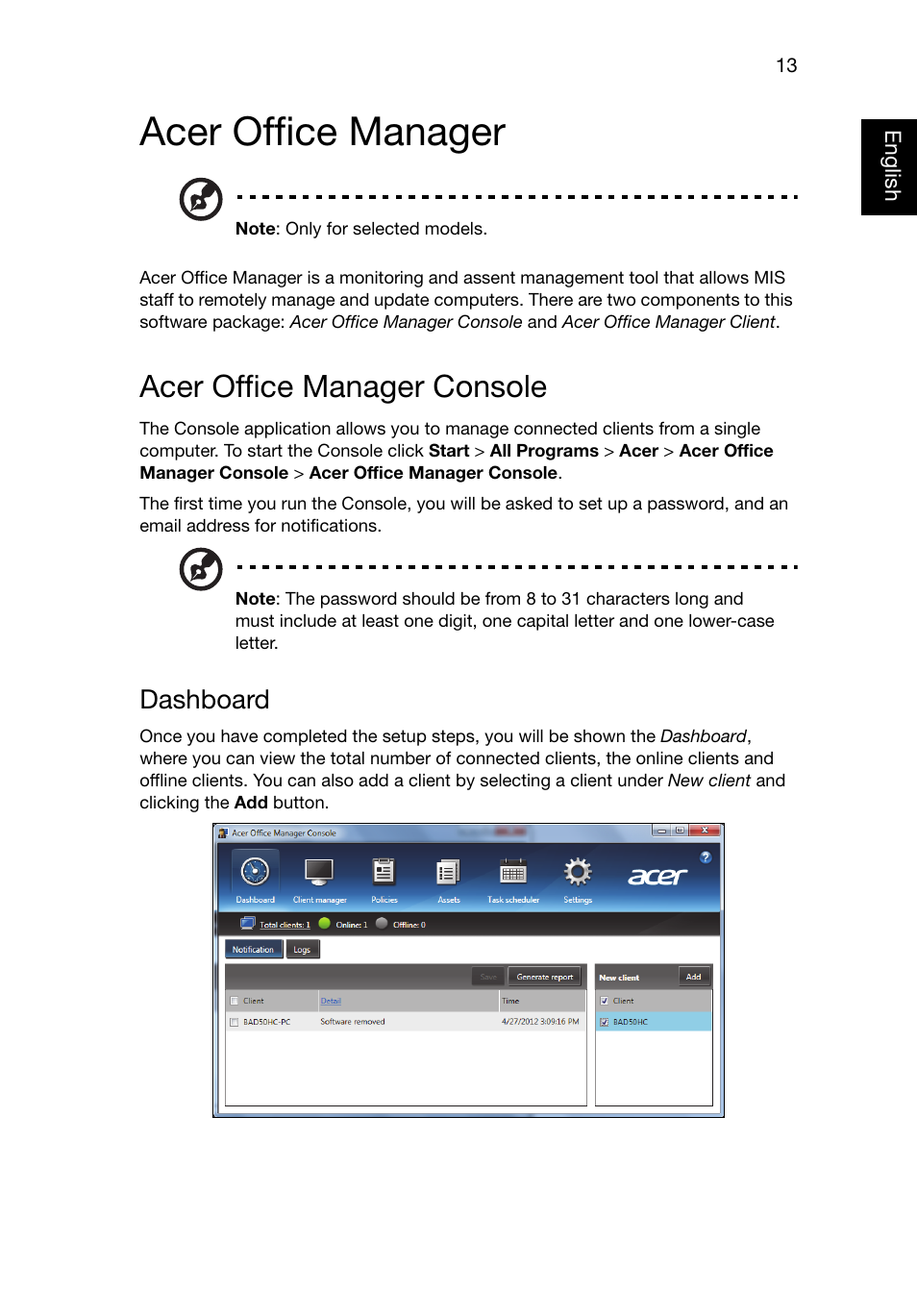 Acer office manager, Acer office manager console, Dashboard | Acer TravelMate P245-MG User Manual | Page 32 / 87