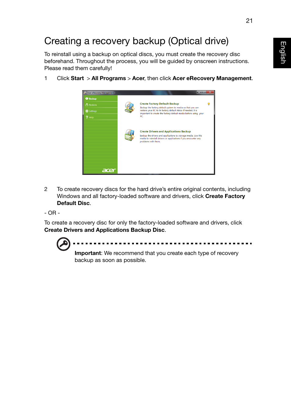 Creating a recovery backup (optical drive) | Acer TravelMate P245-MG User Manual | Page 40 / 87