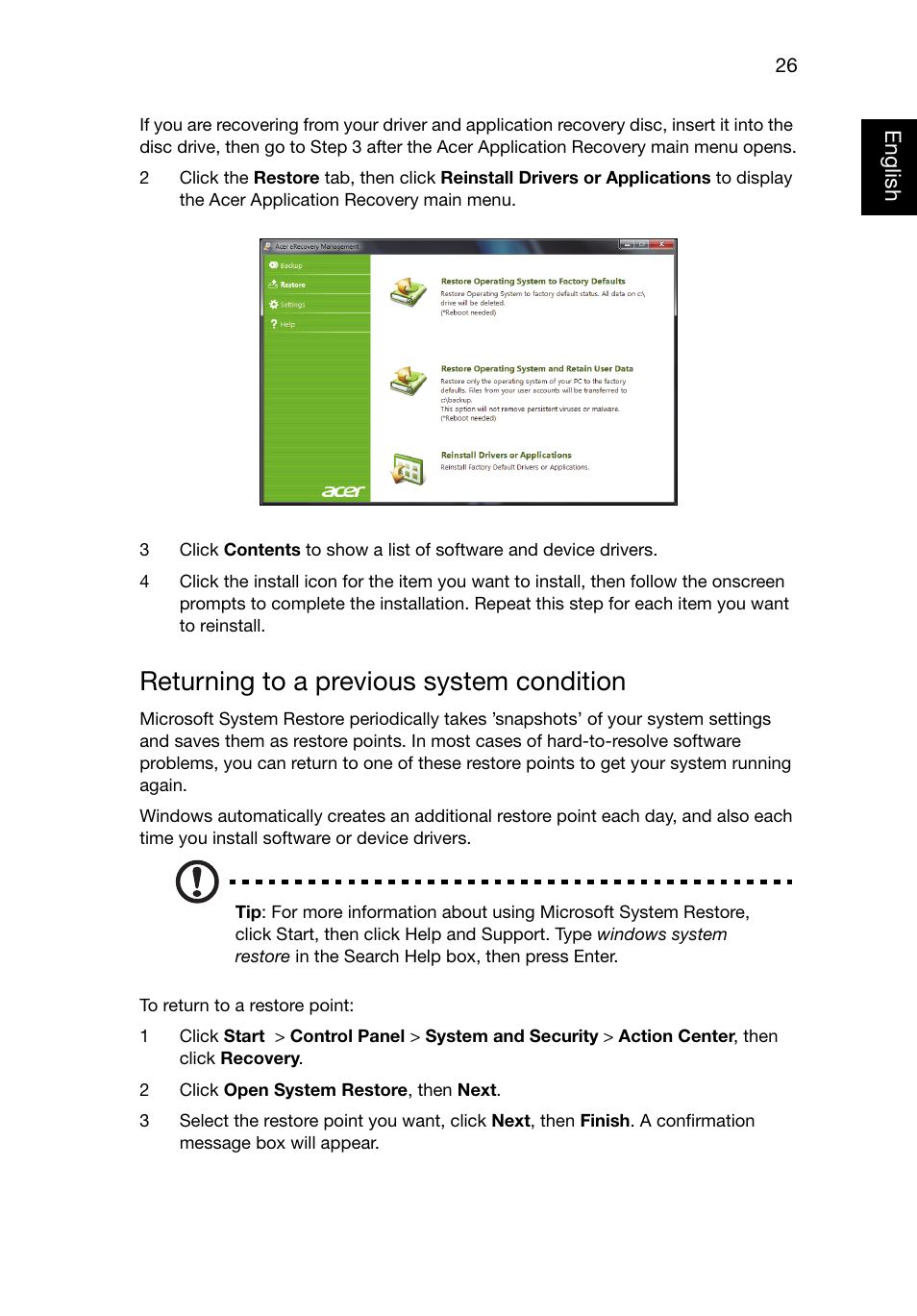 Returning to a previous system condition | Acer TravelMate P245-MG User Manual | Page 45 / 87