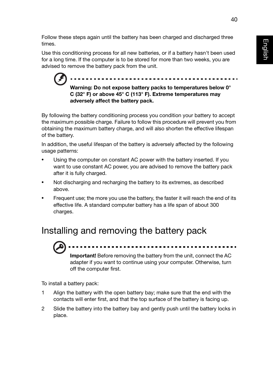 Installing and removing the battery pack | Acer TravelMate P245-MG User Manual | Page 59 / 87