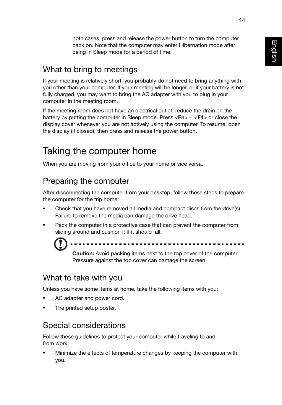 What to bring to meetings, Taking the computer home, Preparing the computer | What to take with you, Special considerations | Acer TravelMate P245-MG User Manual | Page 63 / 87