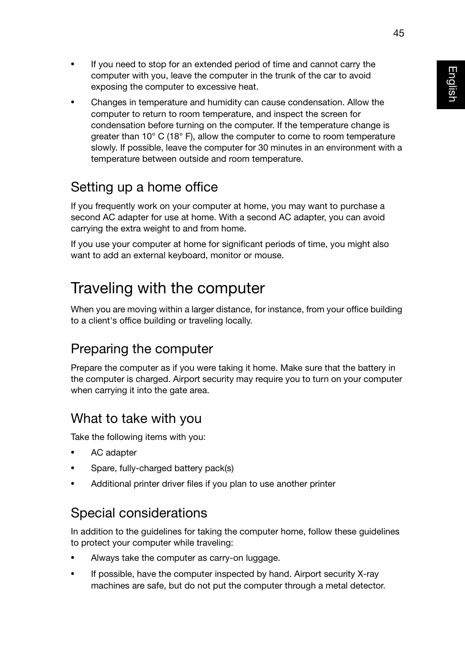 Setting up a home office, Traveling with the computer, Preparing the computer | What to take with you, Special considerations | Acer TravelMate P245-MG User Manual | Page 64 / 87