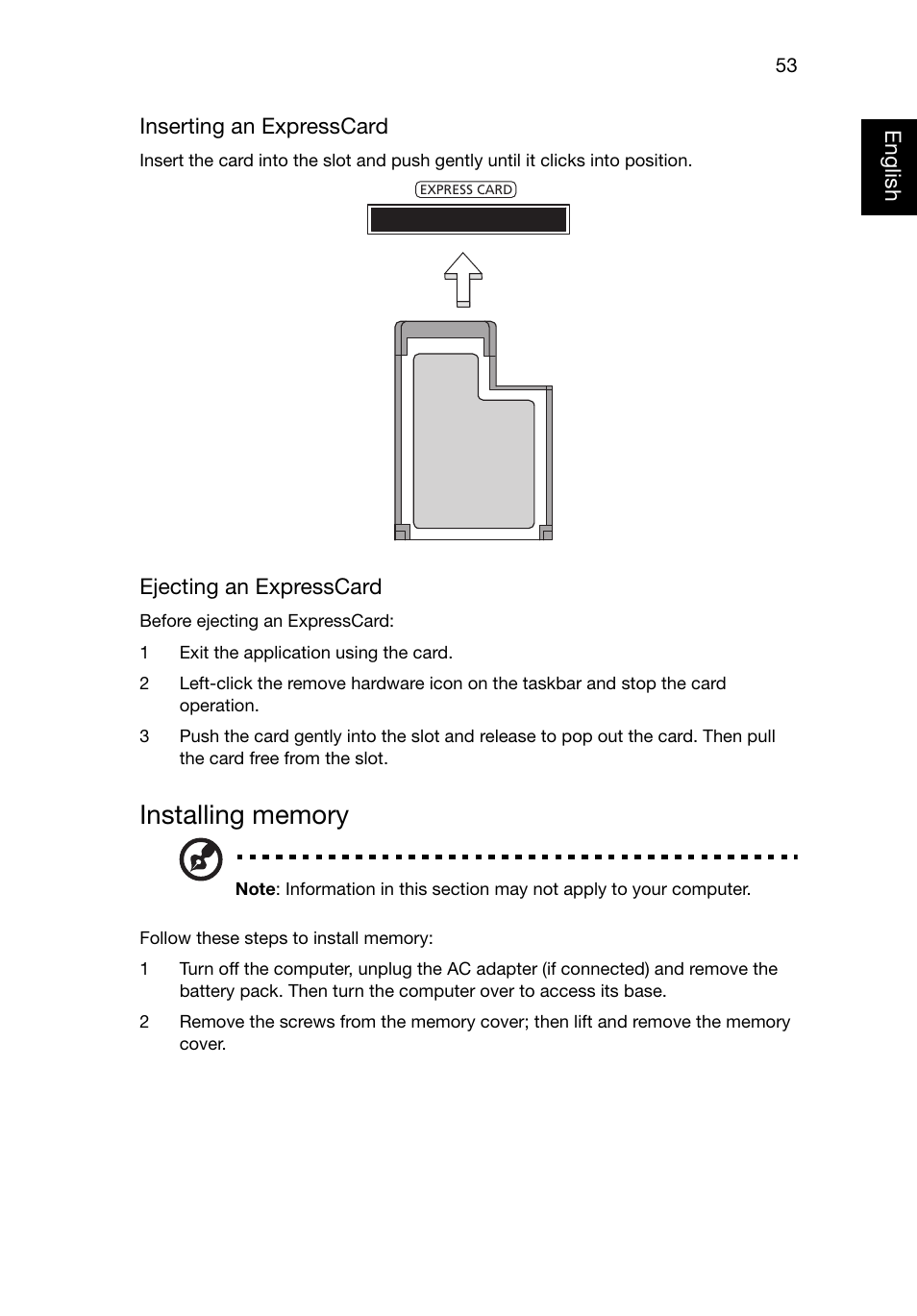 Installing memory | Acer TravelMate P245-MG User Manual | Page 72 / 87