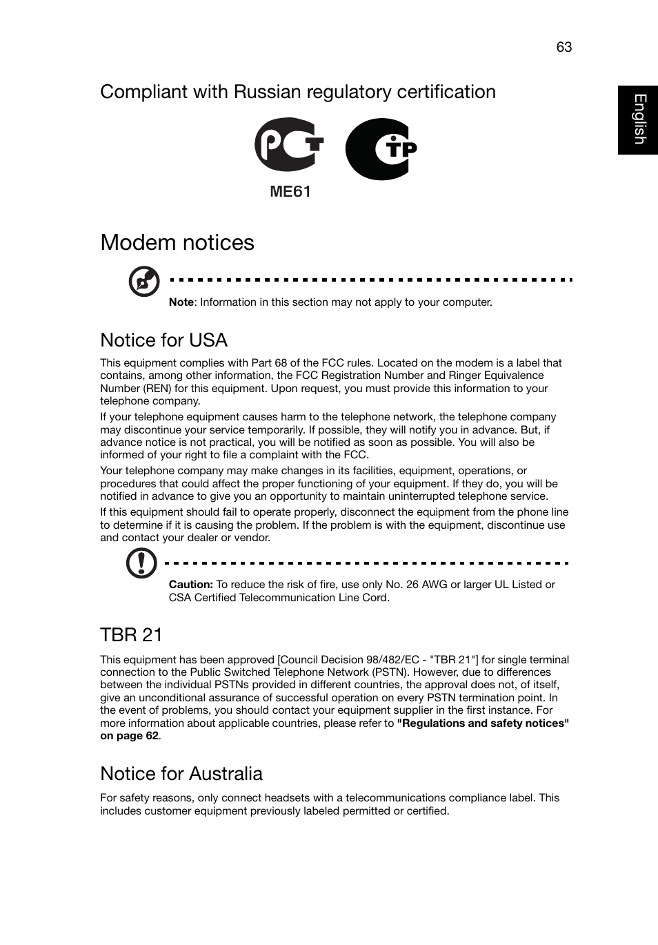 Modem notices, Compliant with russian regulatory certification, Notice for usa | Tbr 21, Notice for australia | Acer TravelMate P245-MG User Manual | Page 82 / 87