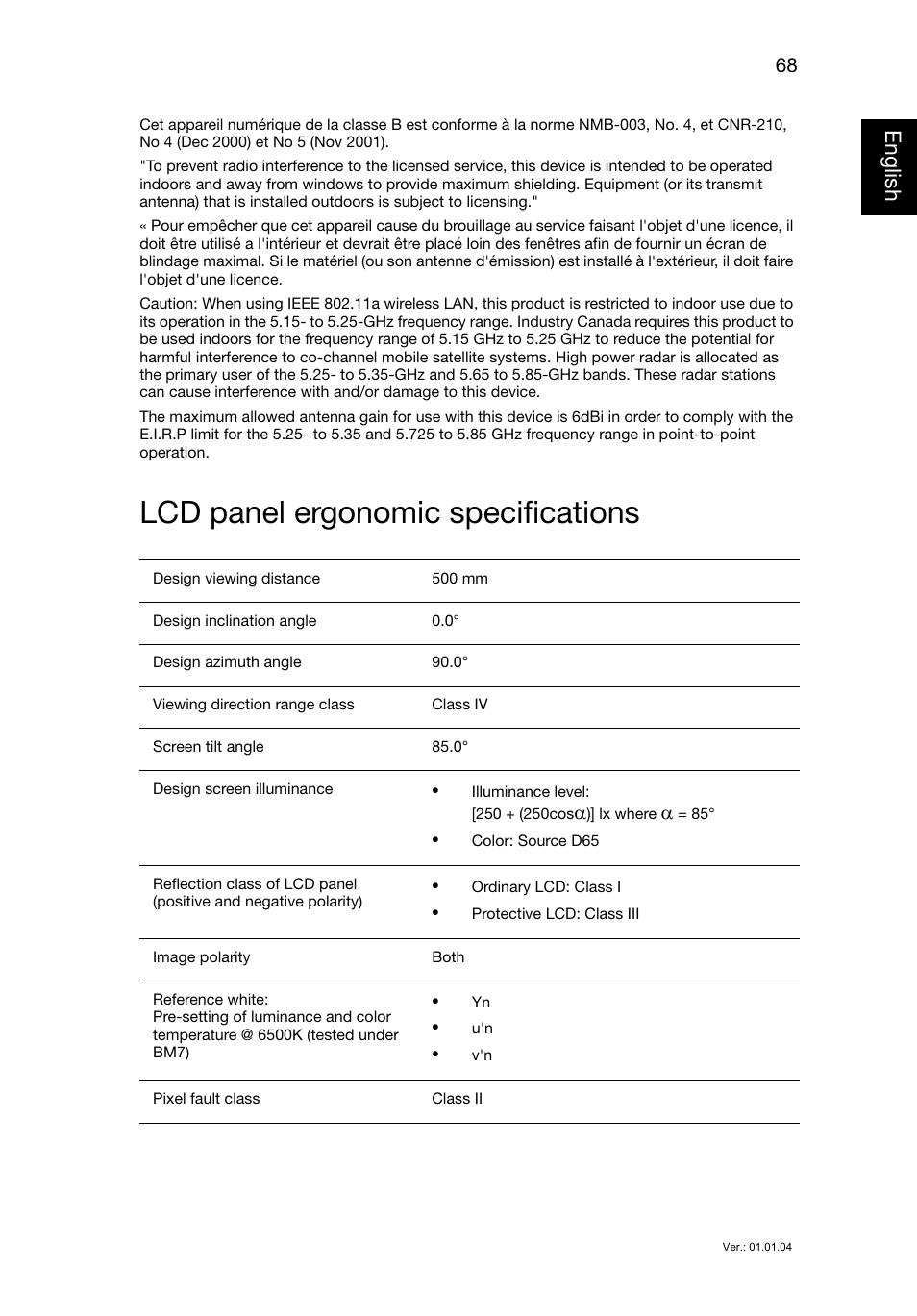 Lcd panel ergonomic specifications, English | Acer TravelMate P245-MG User Manual | Page 87 / 87