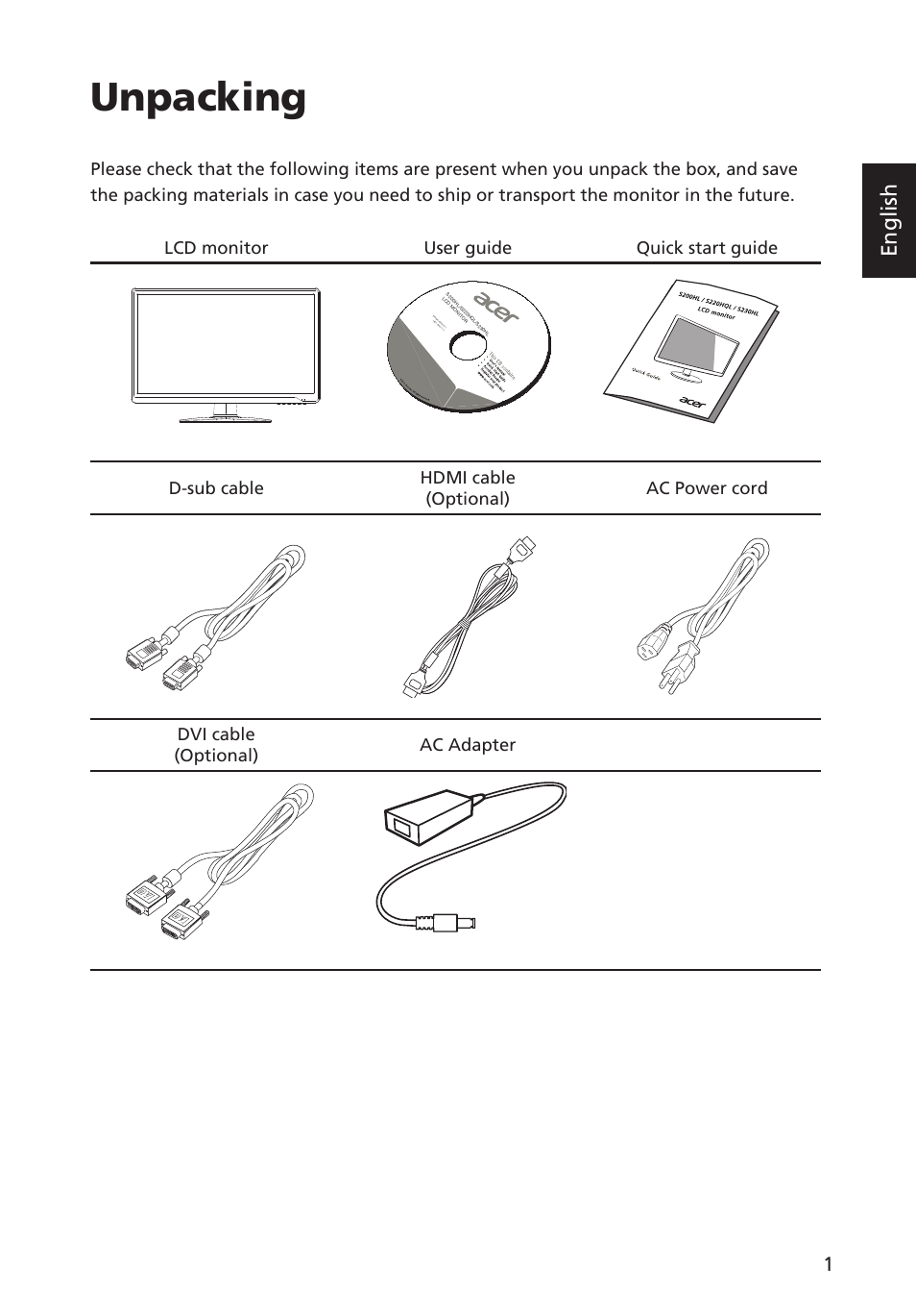 Unpacking, English | Acer G223HQL User Manual | Page 15 / 30