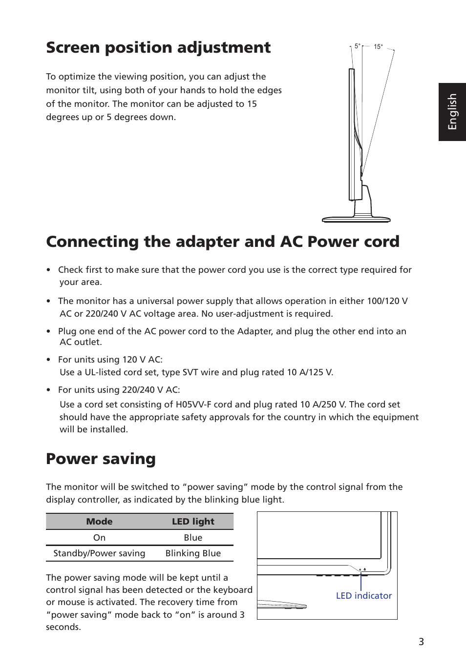 Screen position adjustment, Connecting the adapter and ac power cord, Power saving | English | Acer G223HQL User Manual | Page 17 / 30