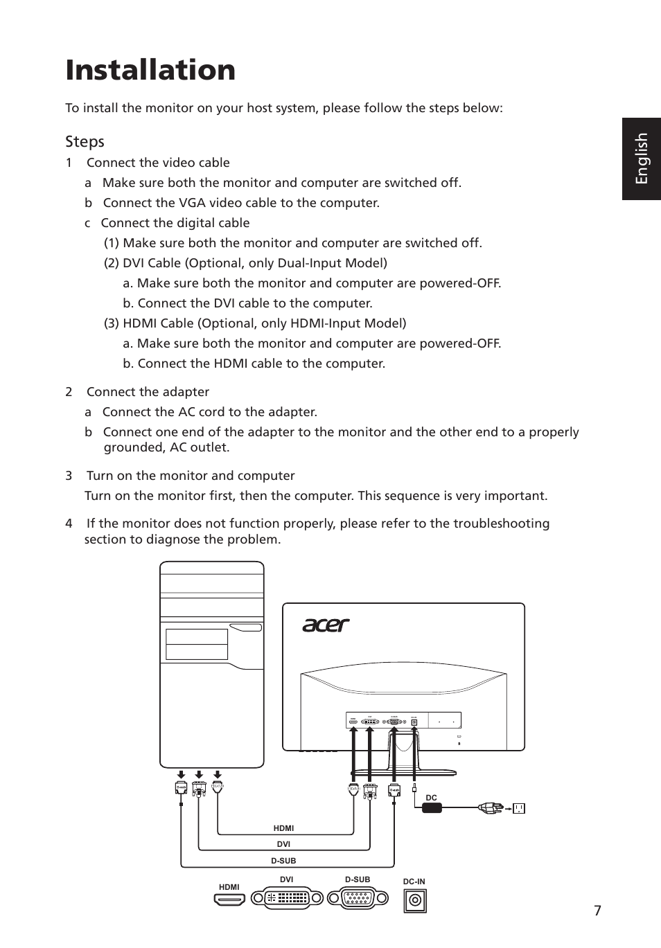 Installation, English, Steps | Acer G223HQL User Manual | Page 22 / 30