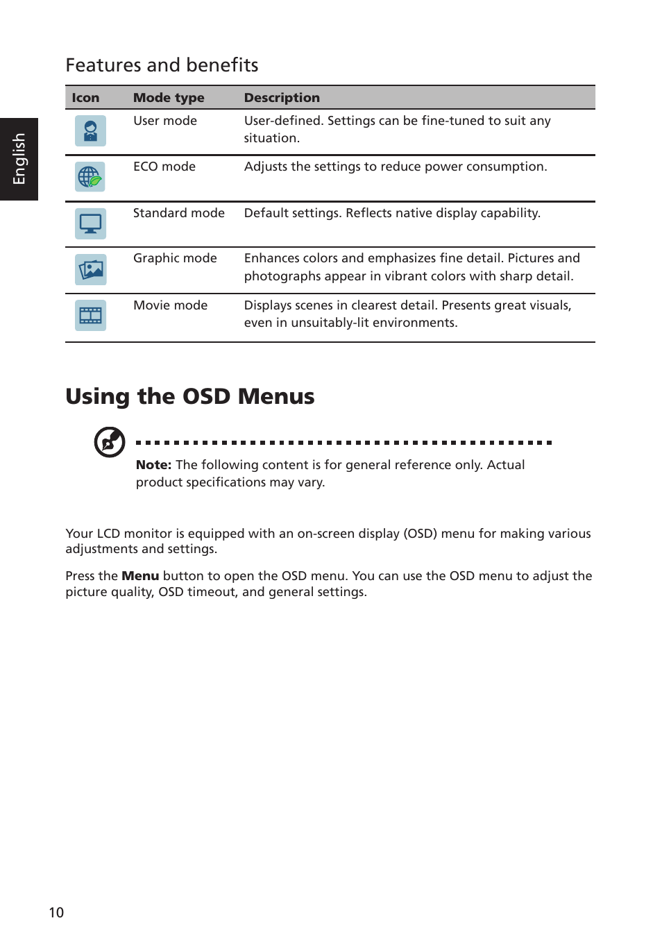 Features and benefits, Using the osd menus, English | Acer G223HQL User Manual | Page 25 / 30