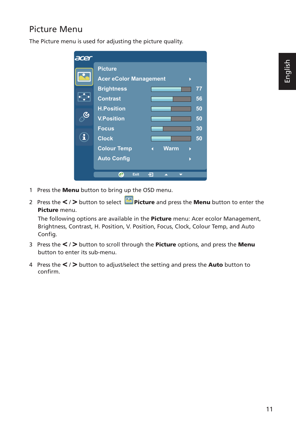 Picture menu, English | Acer G223HQL User Manual | Page 26 / 30