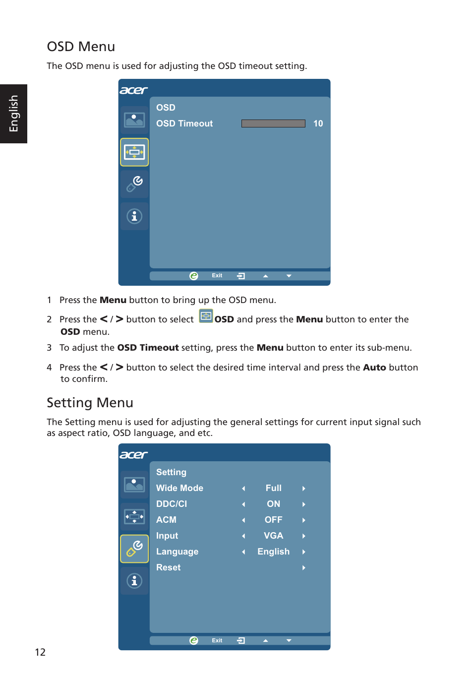 Osd menu, Setting menu, English | Acer G223HQL User Manual | Page 27 / 30