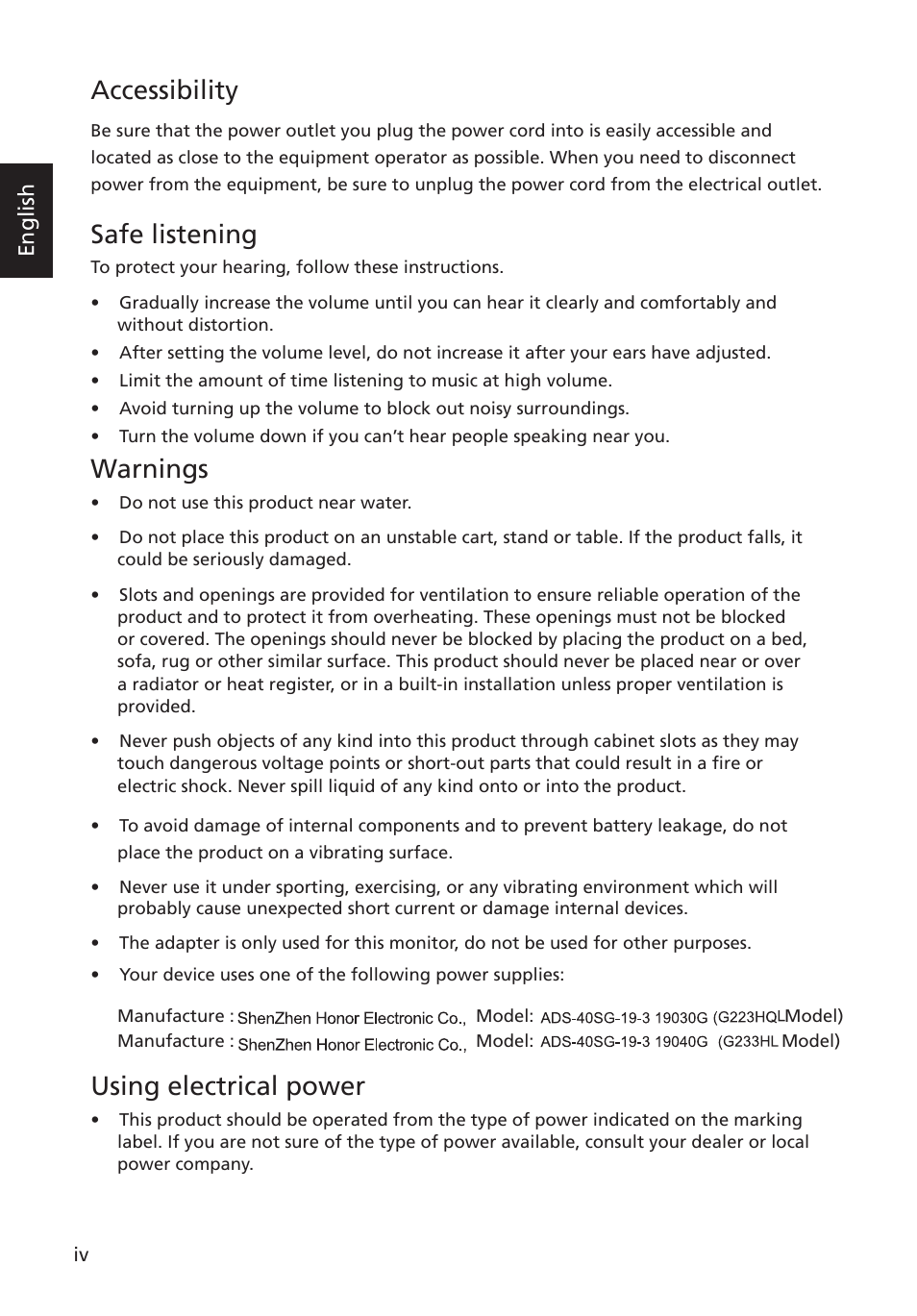 Accessibility, Safe listening, Warnings | Using electrical power, English | Acer G223HQL User Manual | Page 4 / 30