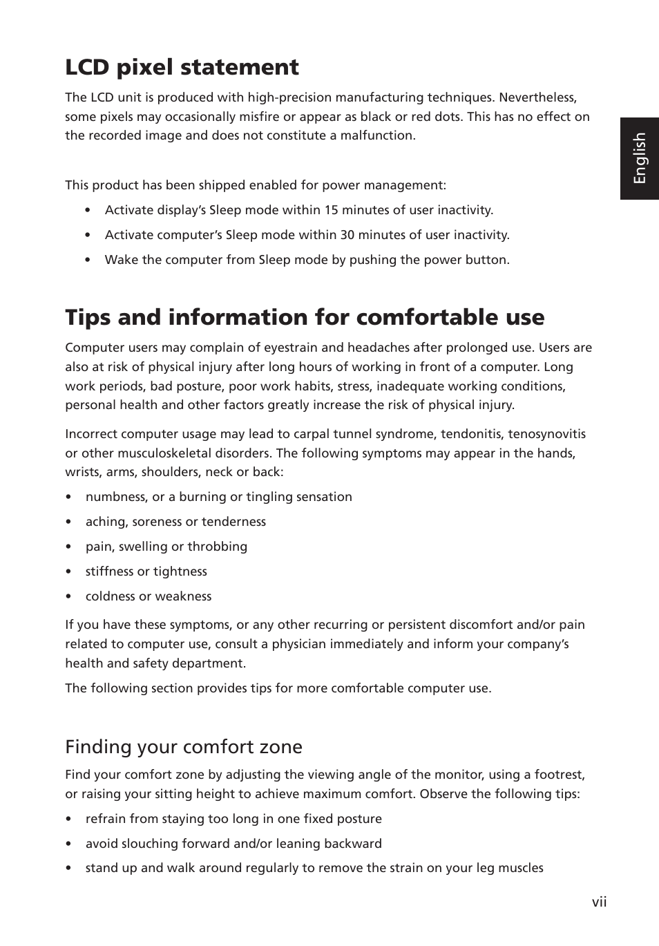 Lcd pixel statement, Tips and information for comfortable use, Finding your comfort zone | Acer G223HQL User Manual | Page 7 / 30