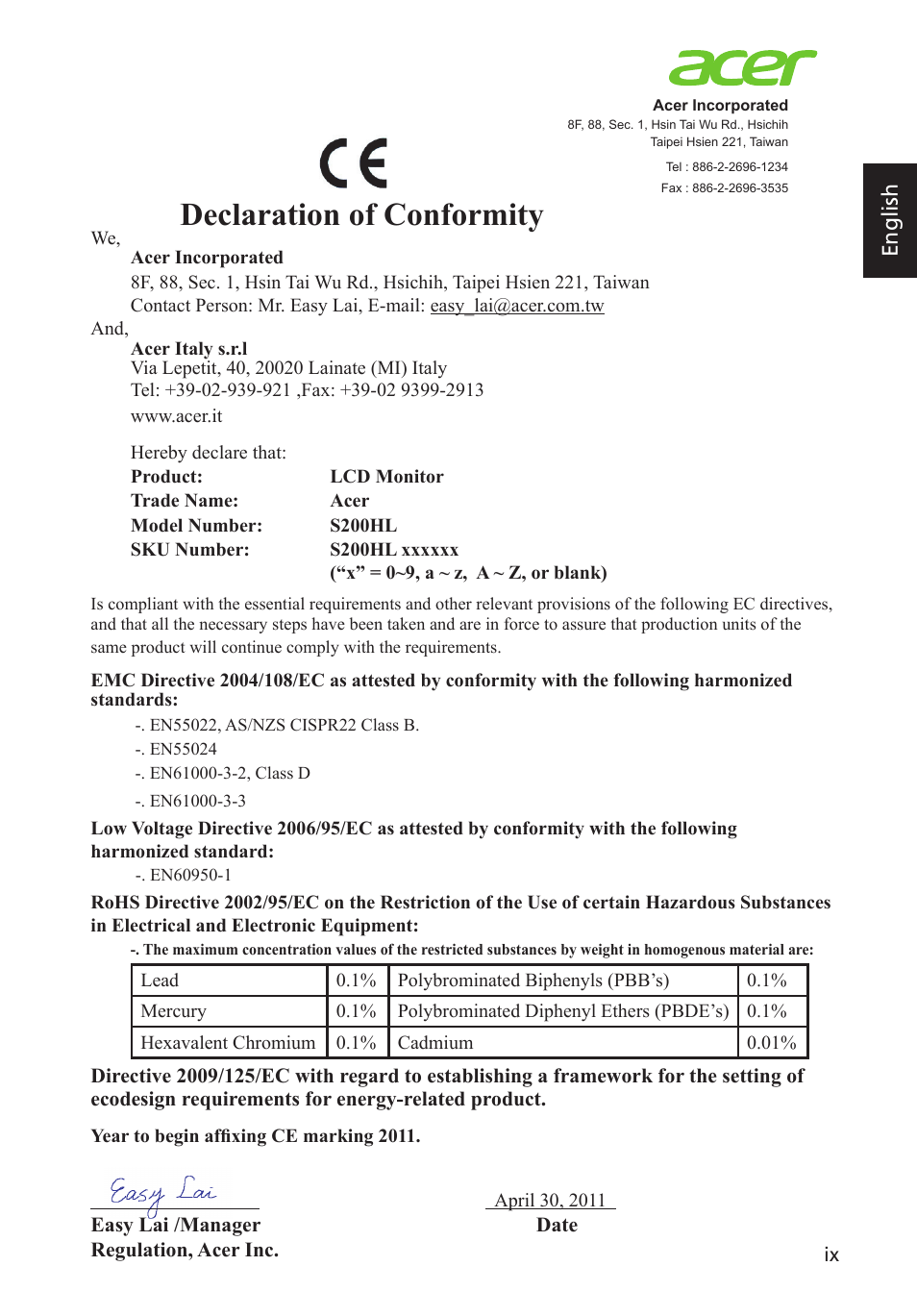Declaration of conformity, English | Acer G223HQL User Manual | Page 9 / 30