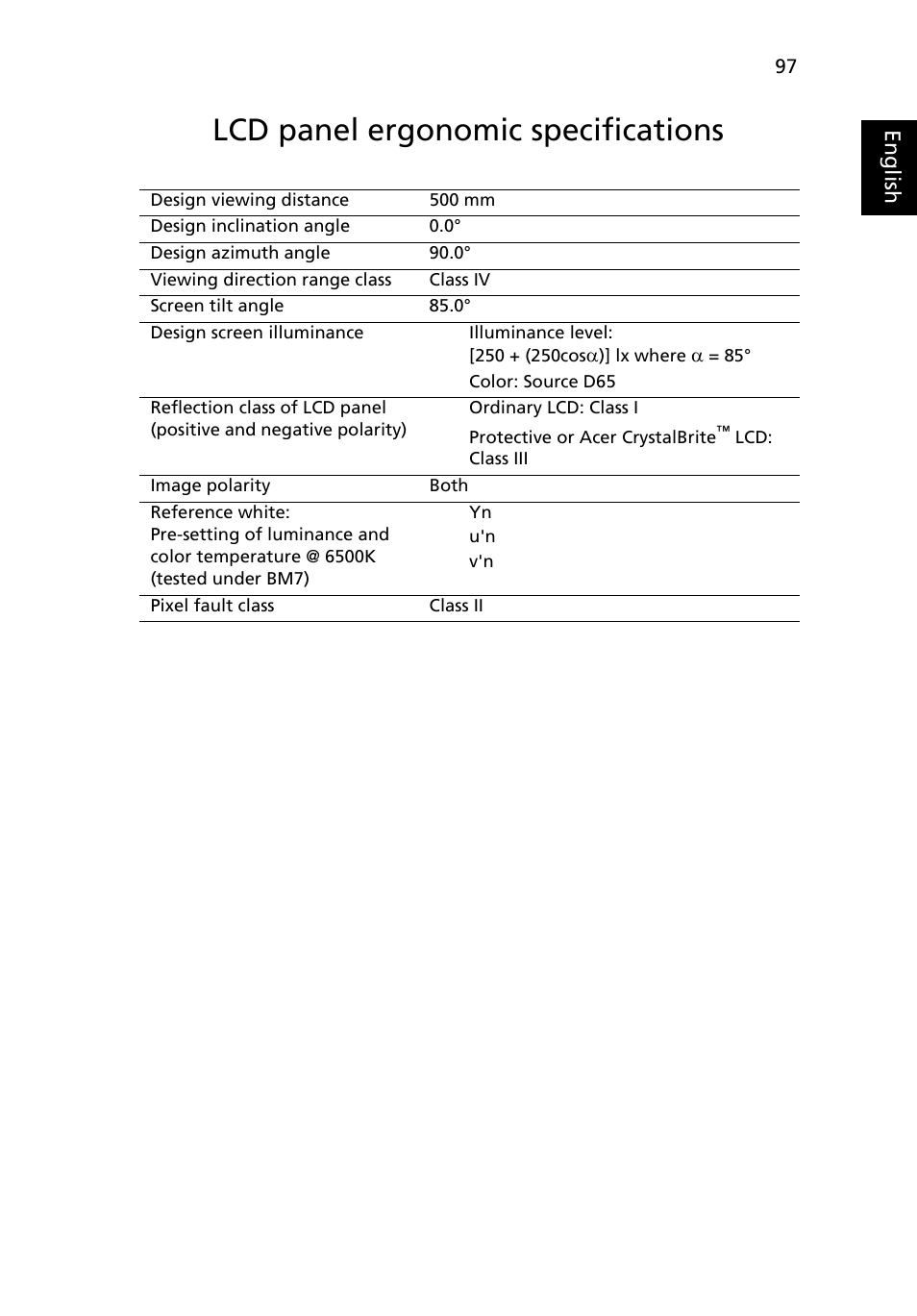 Lcd panel ergonomic specifications | Acer Aspire 7520 User Manual | Page 117 / 119