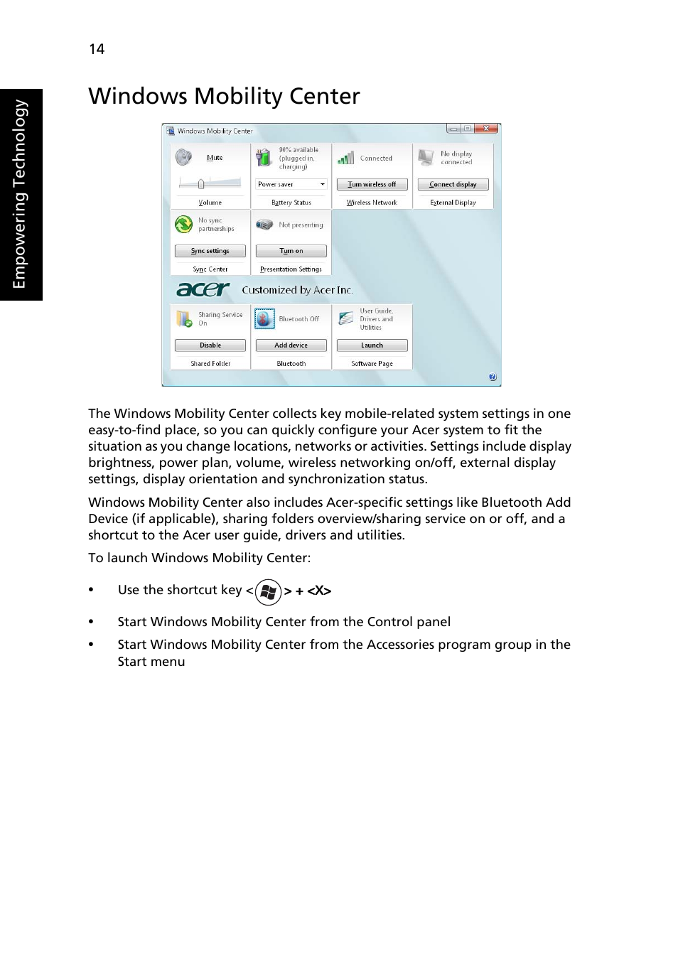 Windows mobility center | Acer Aspire 7520 User Manual | Page 34 / 119