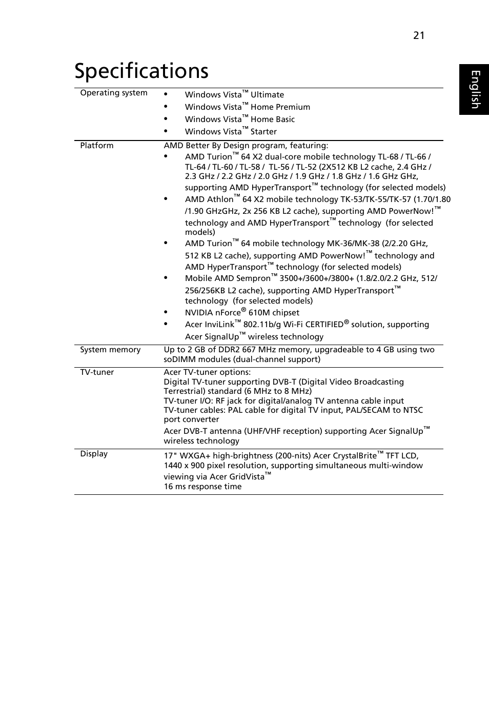 Specifications, English | Acer Aspire 7520 User Manual | Page 41 / 119