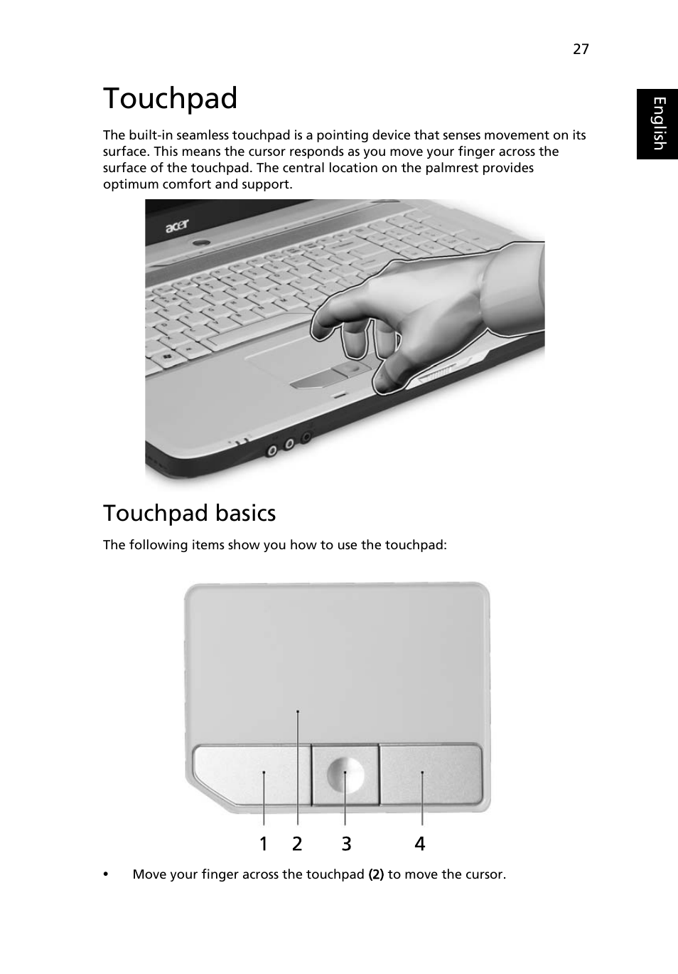 Touchpad, Touchpad basics | Acer Aspire 7520 User Manual | Page 47 / 119