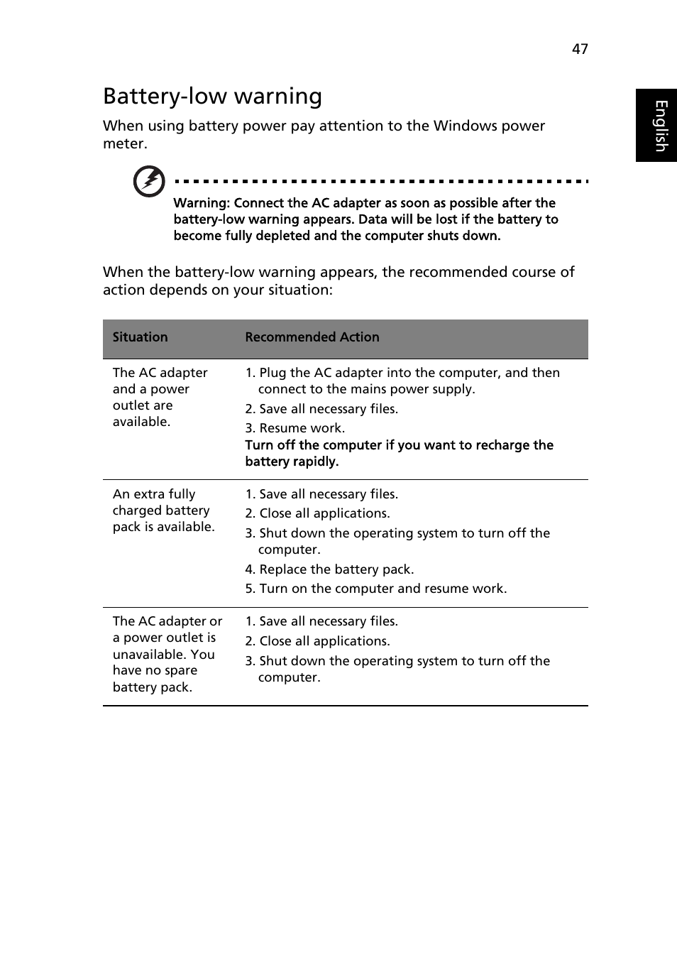 Battery-low warning, Acer arcade (for selected models) | Acer Aspire 7520 User Manual | Page 67 / 119