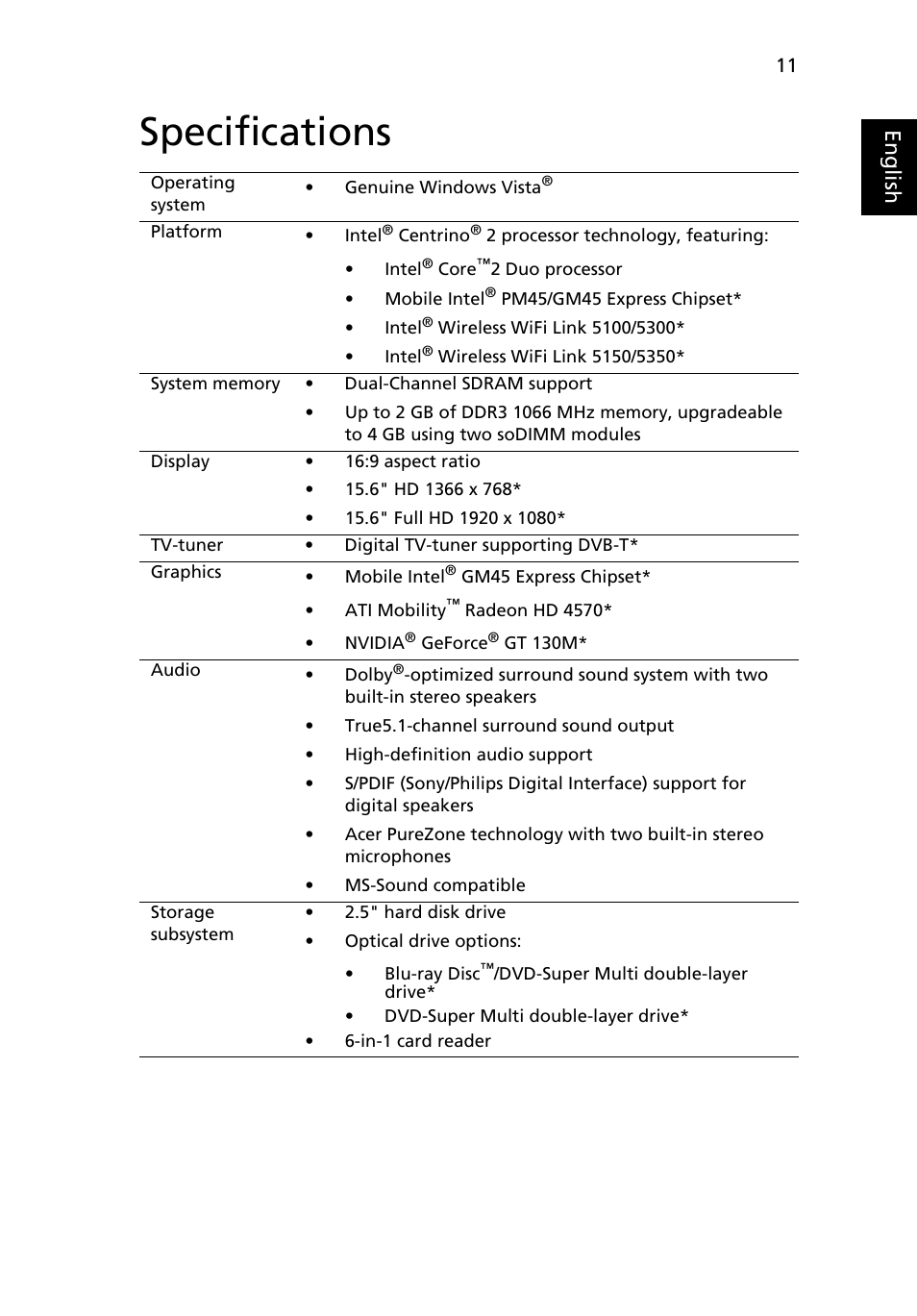 Specifications, Eng lis h | Acer Aspire 5935G User Manual | Page 11 / 13