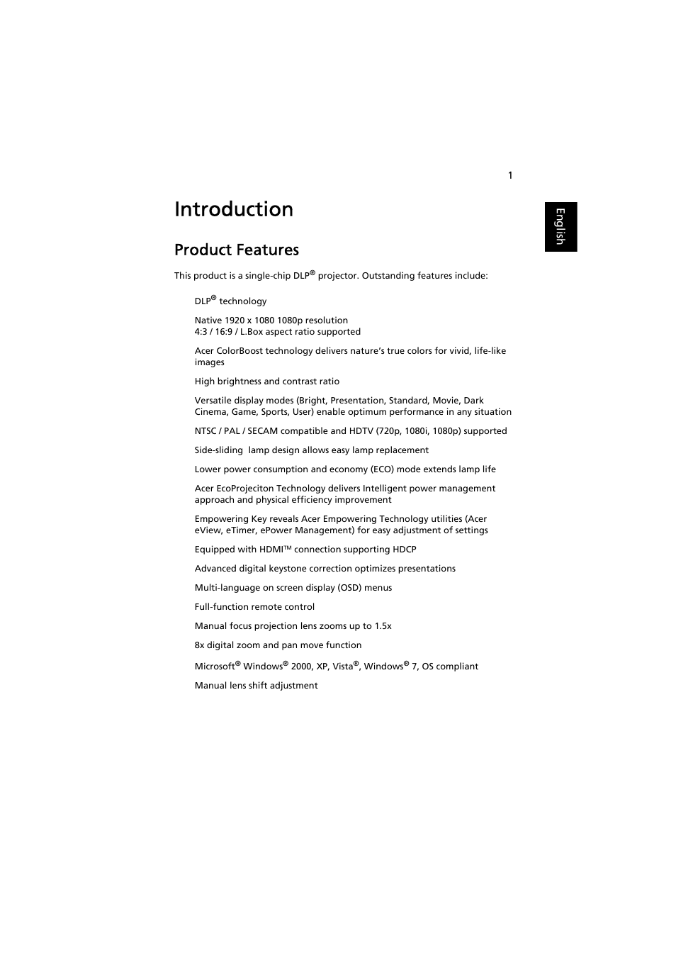 Introduction, Product features | Acer P7500 User Manual | Page 11 / 61